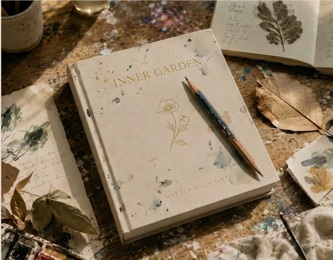 Open linen-bound book between pressed flowers on warm fabric