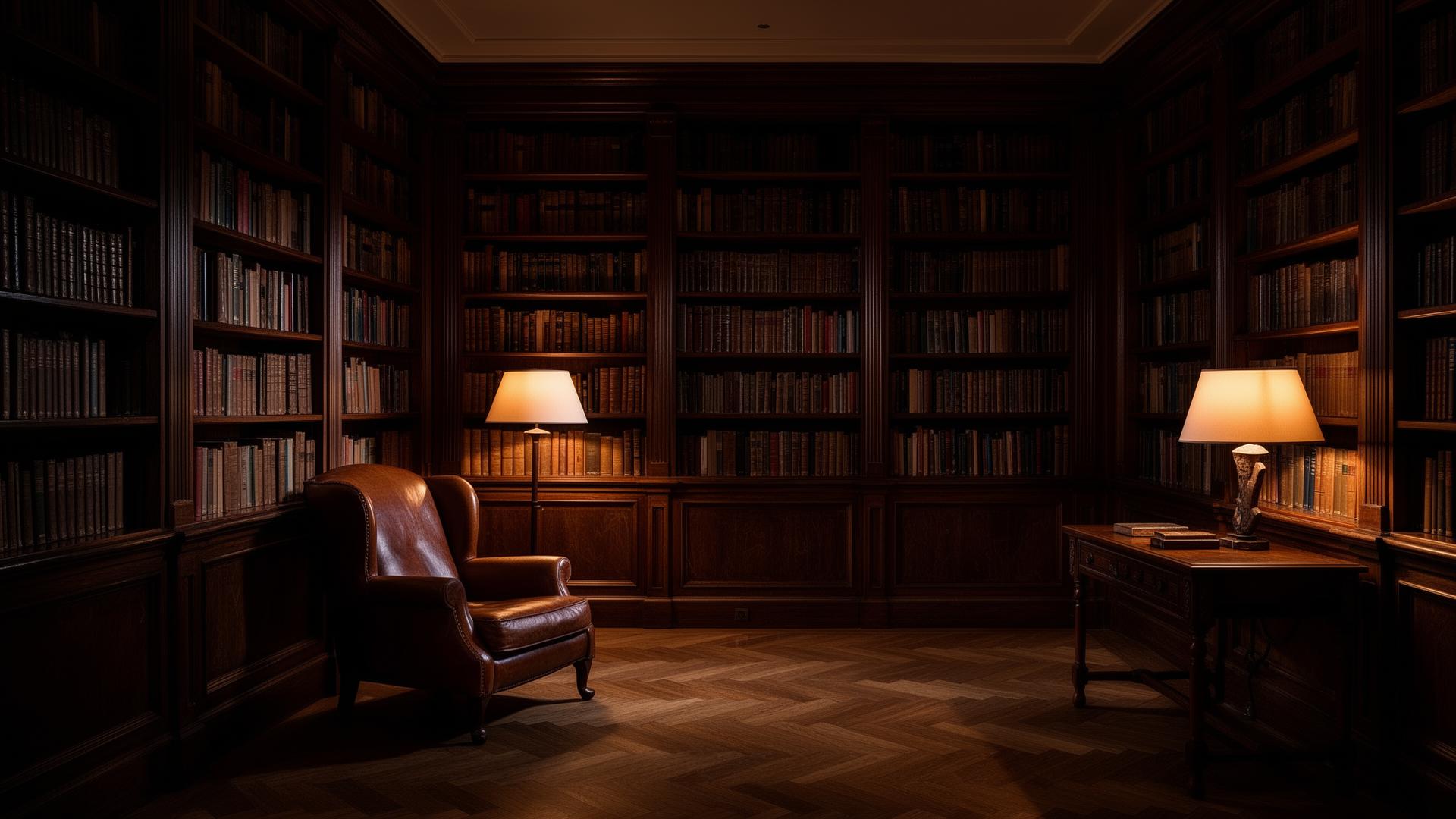 A private European library with leather chair and warm lamps