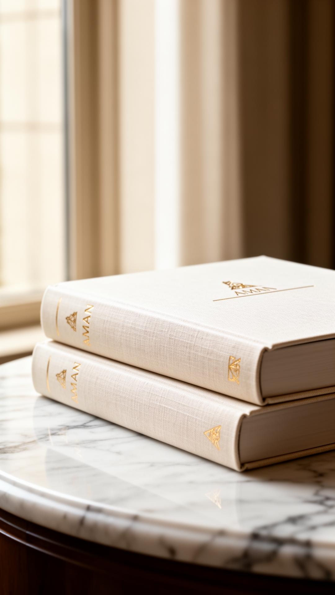 A stack of ivory clothbound books with gold foil on marble