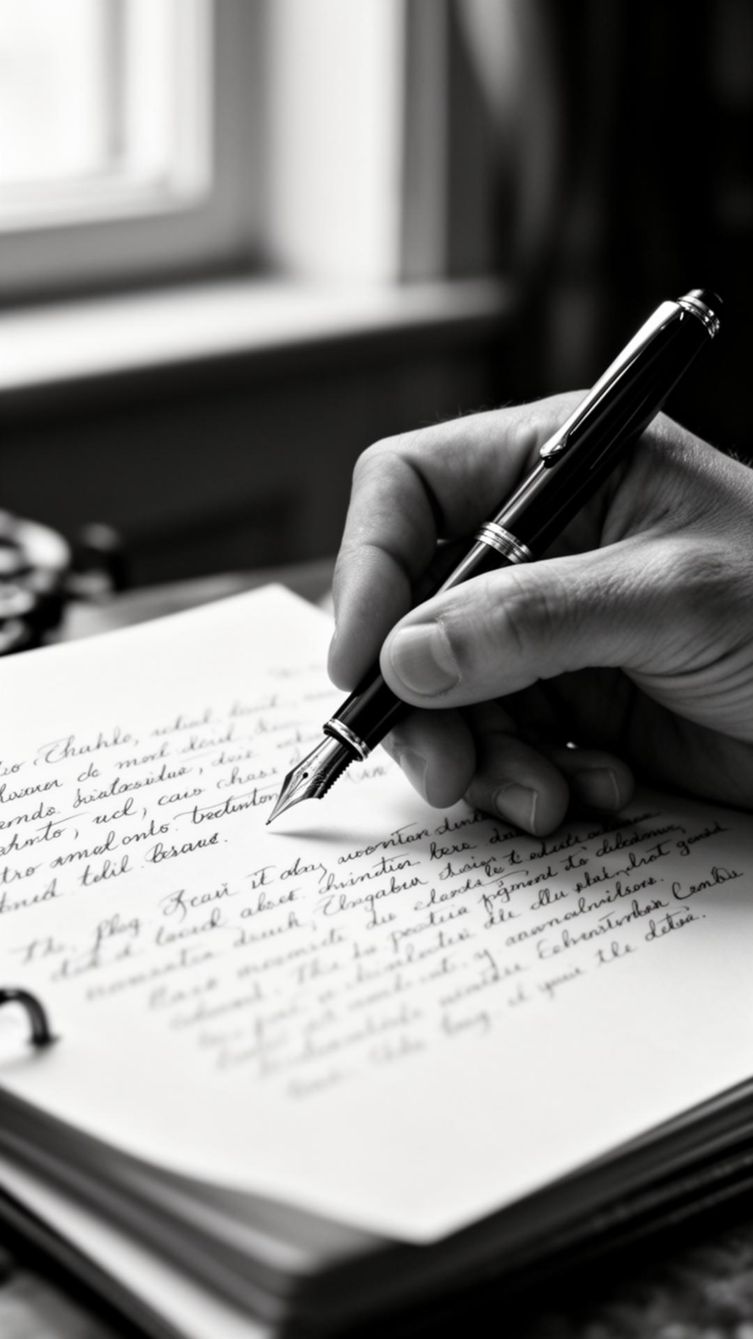 A hand writing with a fountain pen on a manuscript page